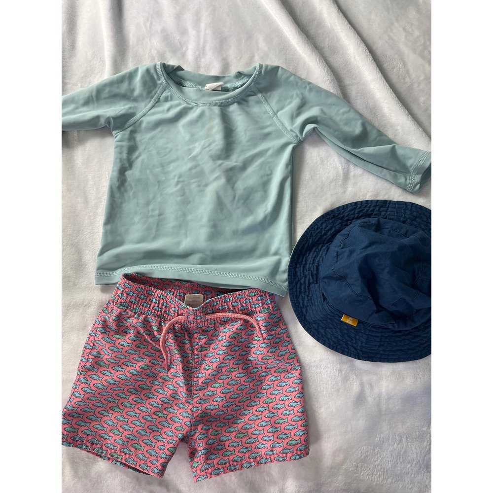 Starting Out Boys 3pc Swim Set Rash Guard Fish Trunks Bucket Hat Blue 12-18M